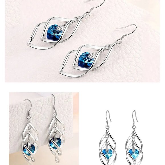 Beautiful .925 Sterling Silver and Blue Heart Drop Earrings " Hypoallergenic " - Picture 3 of 4